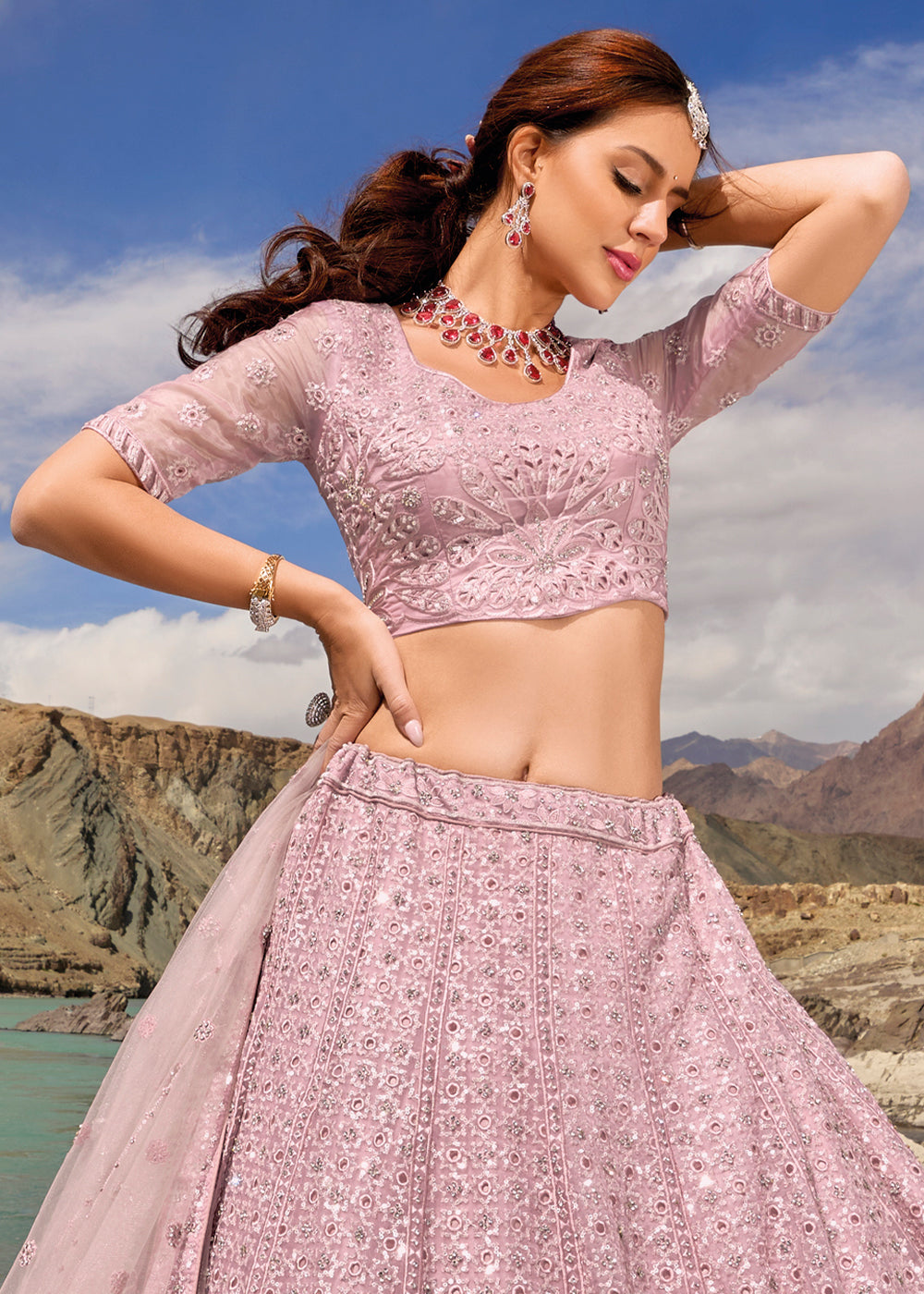 Lavender Purple Organza lehenga Choli with Mirror, Zarkan & Cutwork