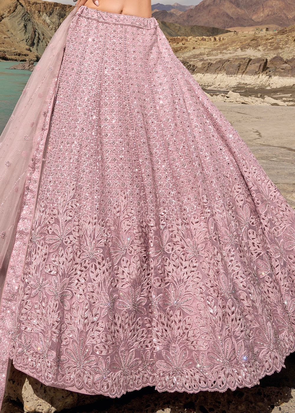 Lavender Purple Organza lehenga Choli with Mirror, Zarkan & Cutwork