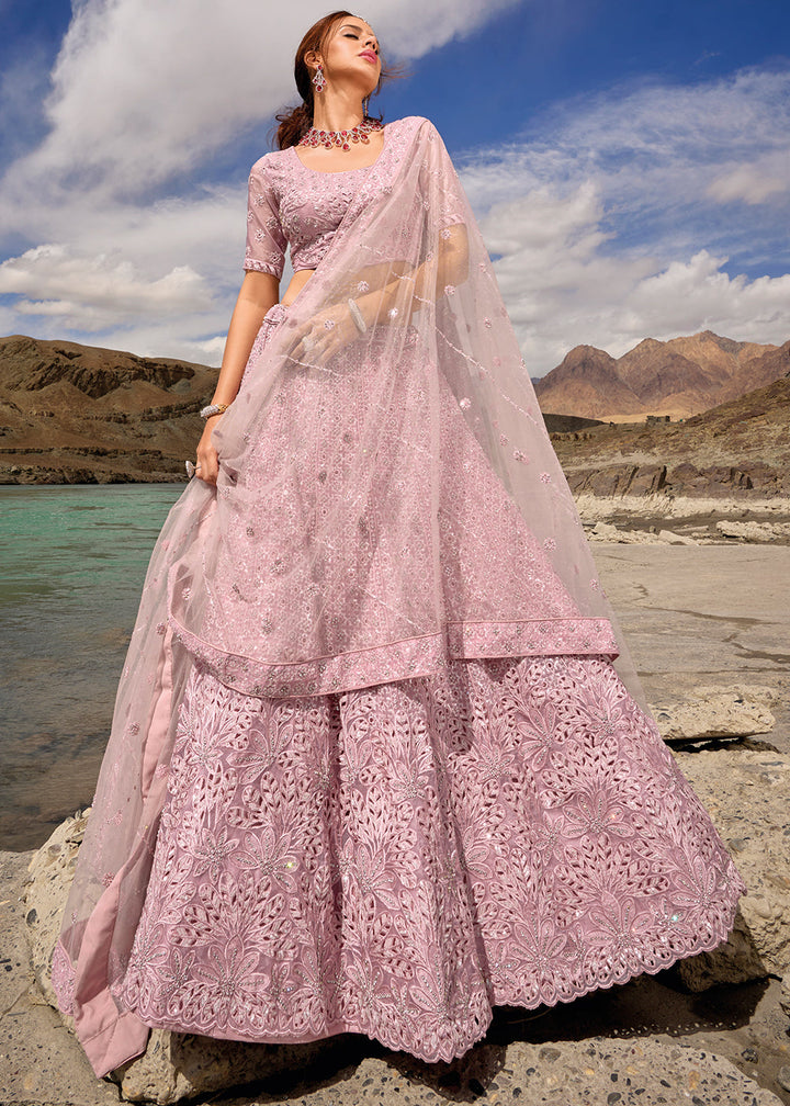 Lavender Purple Organza lehenga Choli with Mirror, Zarkan & Cutwork