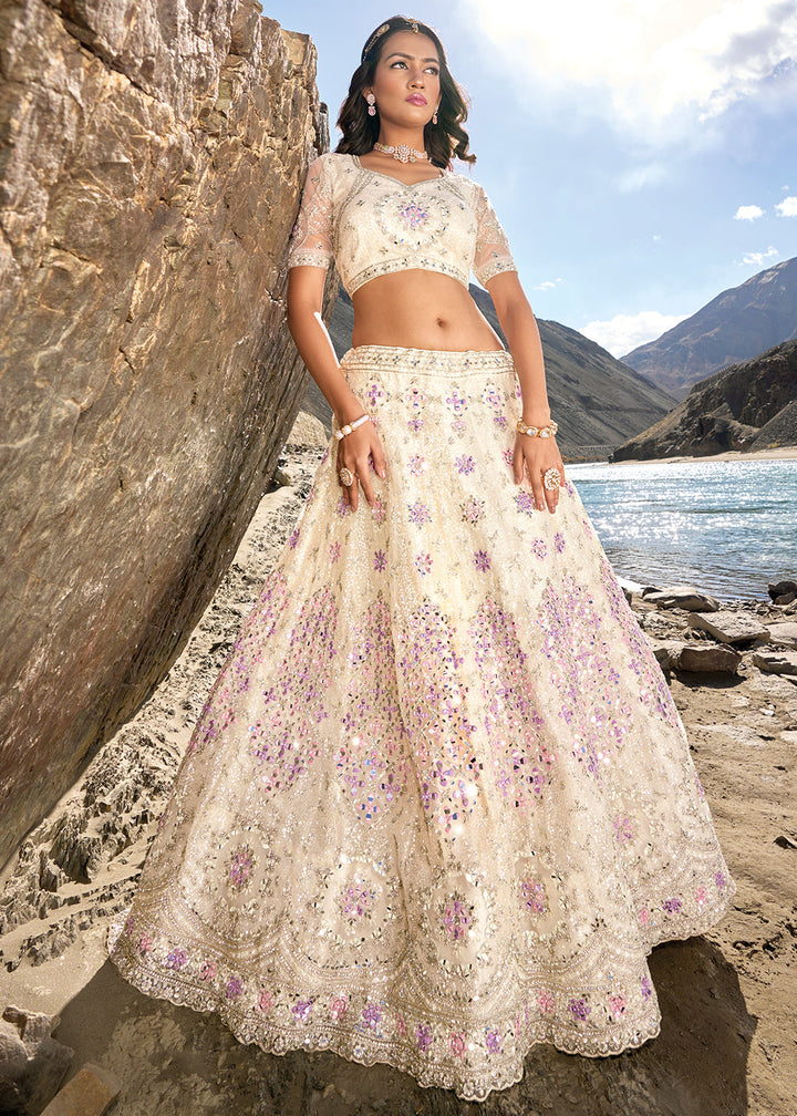 Ivory White Net lehenga Choli with Mirror,Zarkan & Cutwork