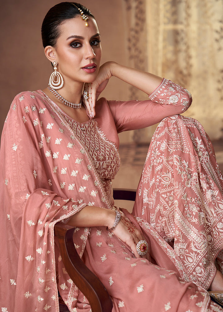 Peach Pink Embroidered Georgette Plazzo Suit