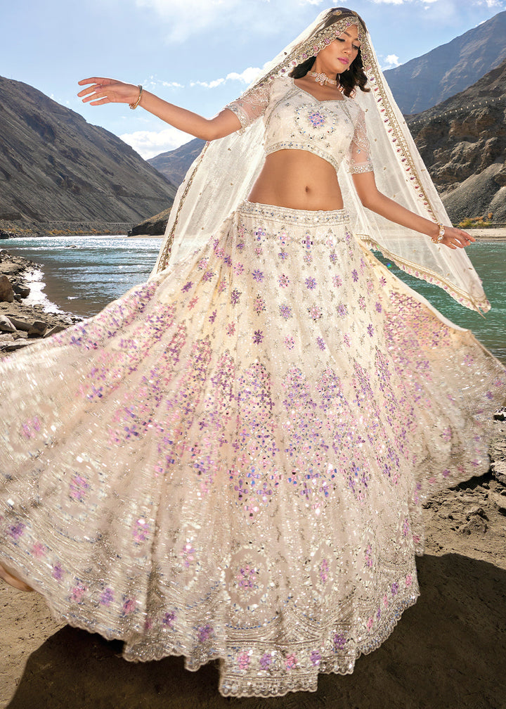 Ivory White Net lehenga Choli with Mirror,Zarkan & Cutwork