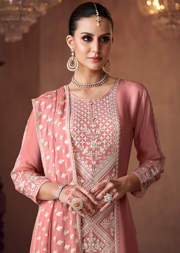 Peach Pink Embroidered Georgette Plazzo Suit