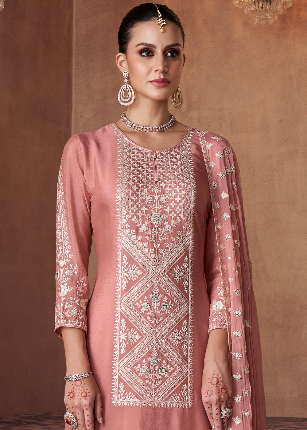 Peach Pink Embroidered Georgette Plazzo Suit