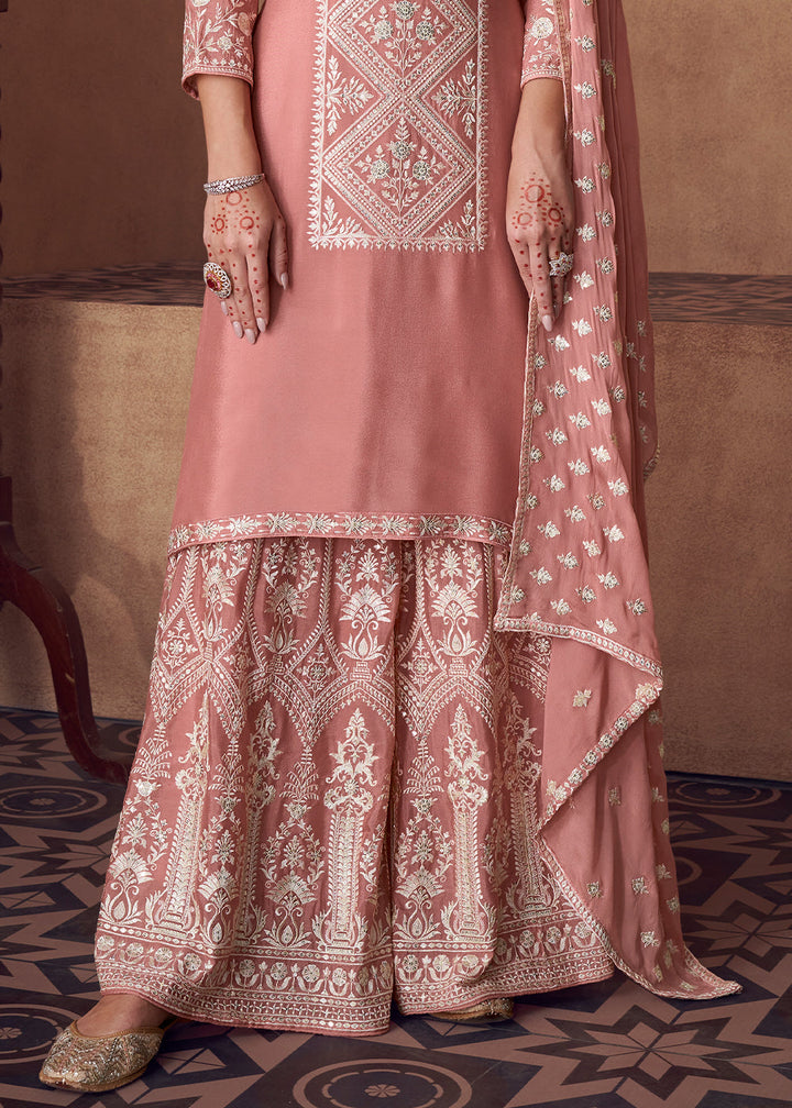 Peach Pink Embroidered Georgette Plazzo Suit