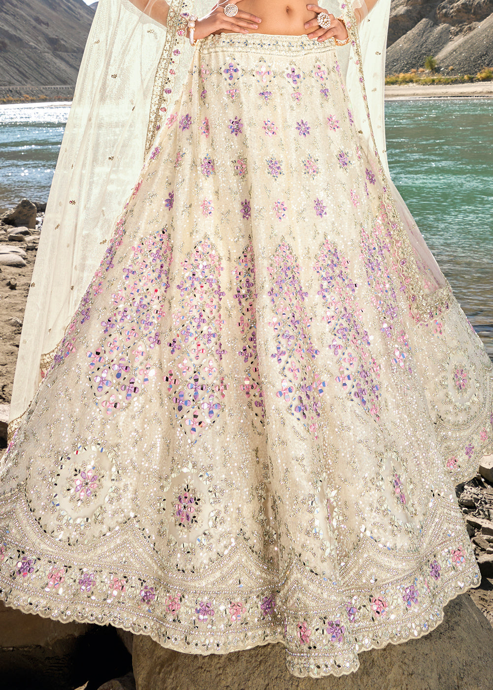 Ivory White Net lehenga Choli with Mirror,Zarkan & Cutwork