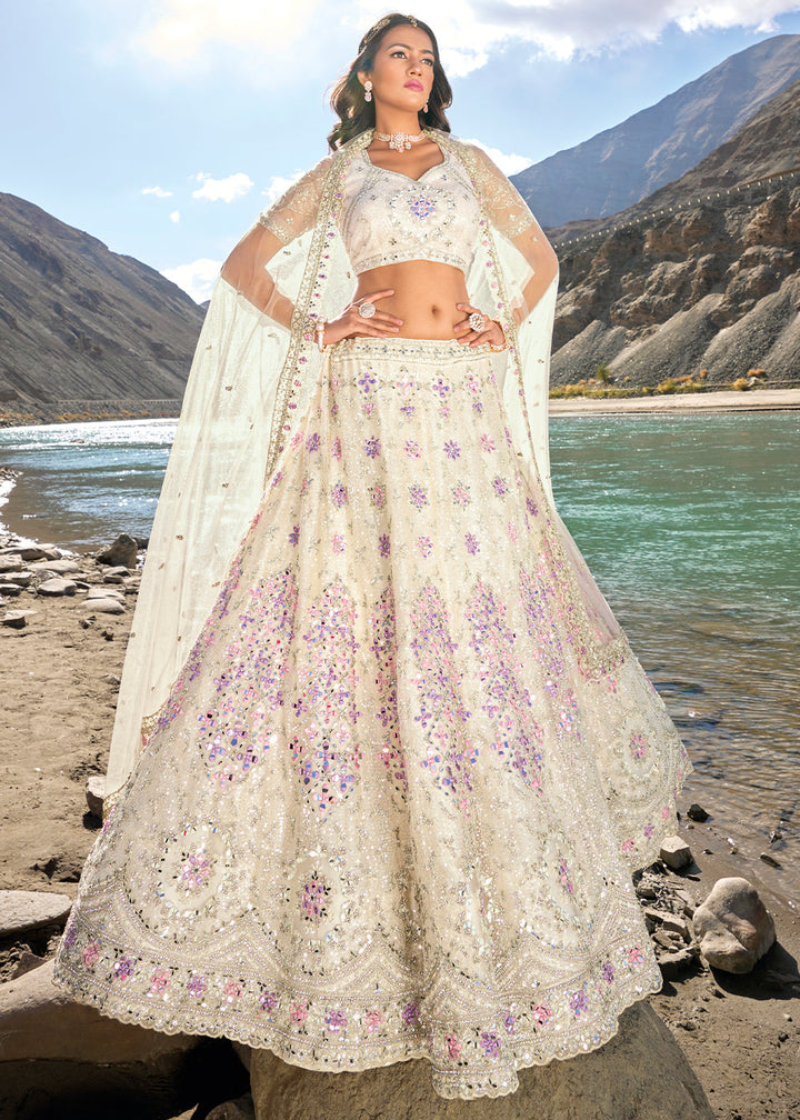 Ivory White Net lehenga Choli with Mirror,Zarkan & Cutwork