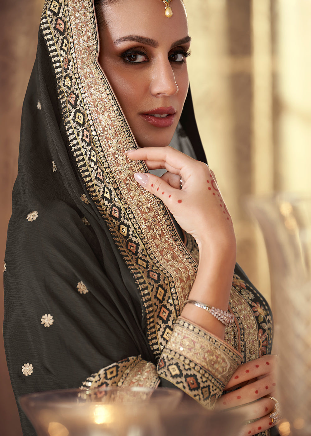 Charcoal Black Embroidered Georgette Plazzo Suit