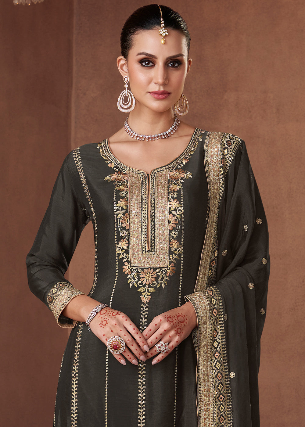 Charcoal Black Embroidered Georgette Plazzo Suit