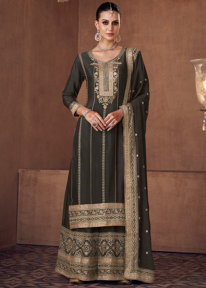 Charcoal Black Embroidered Georgette Plazzo Suit