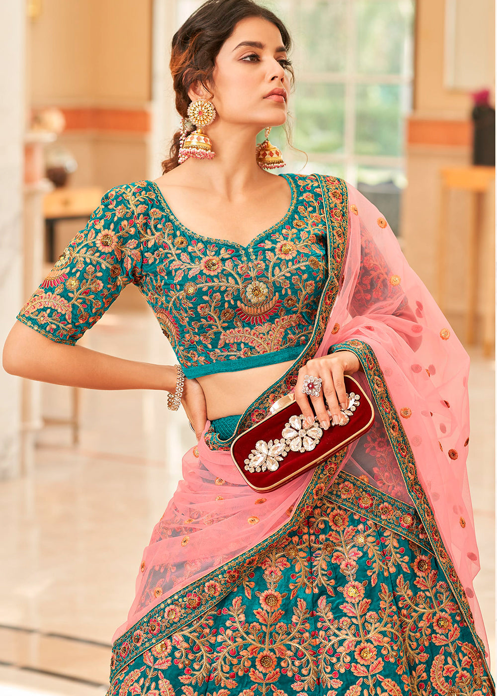 Teal Blue Velvet Lehenga Choli with Thread, Zari,Dori & Sequins work