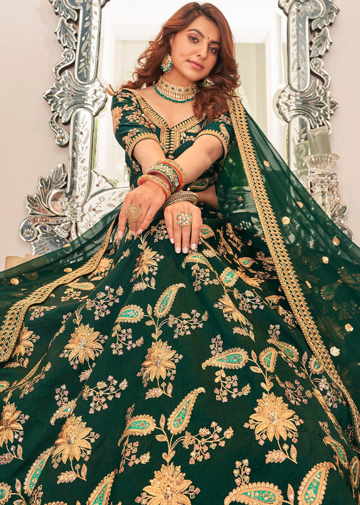 Deep Green Art Silk Lehenga Choli with Thread, Zari,Dori & Sequins work