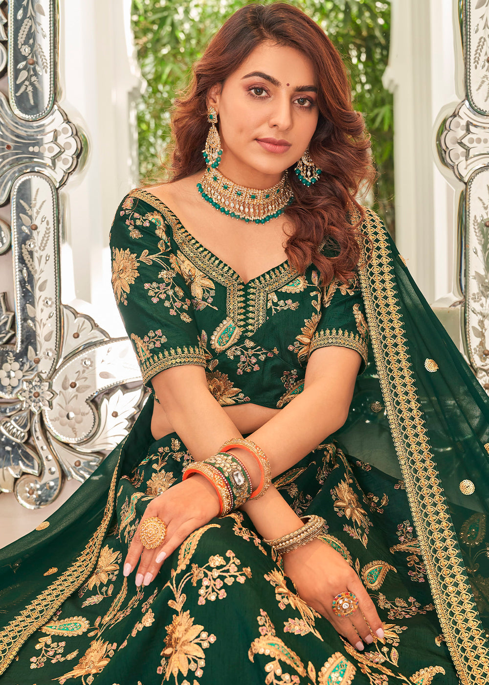 Deep Green Art Silk Lehenga Choli with Thread, Zari,Dori & Sequins work