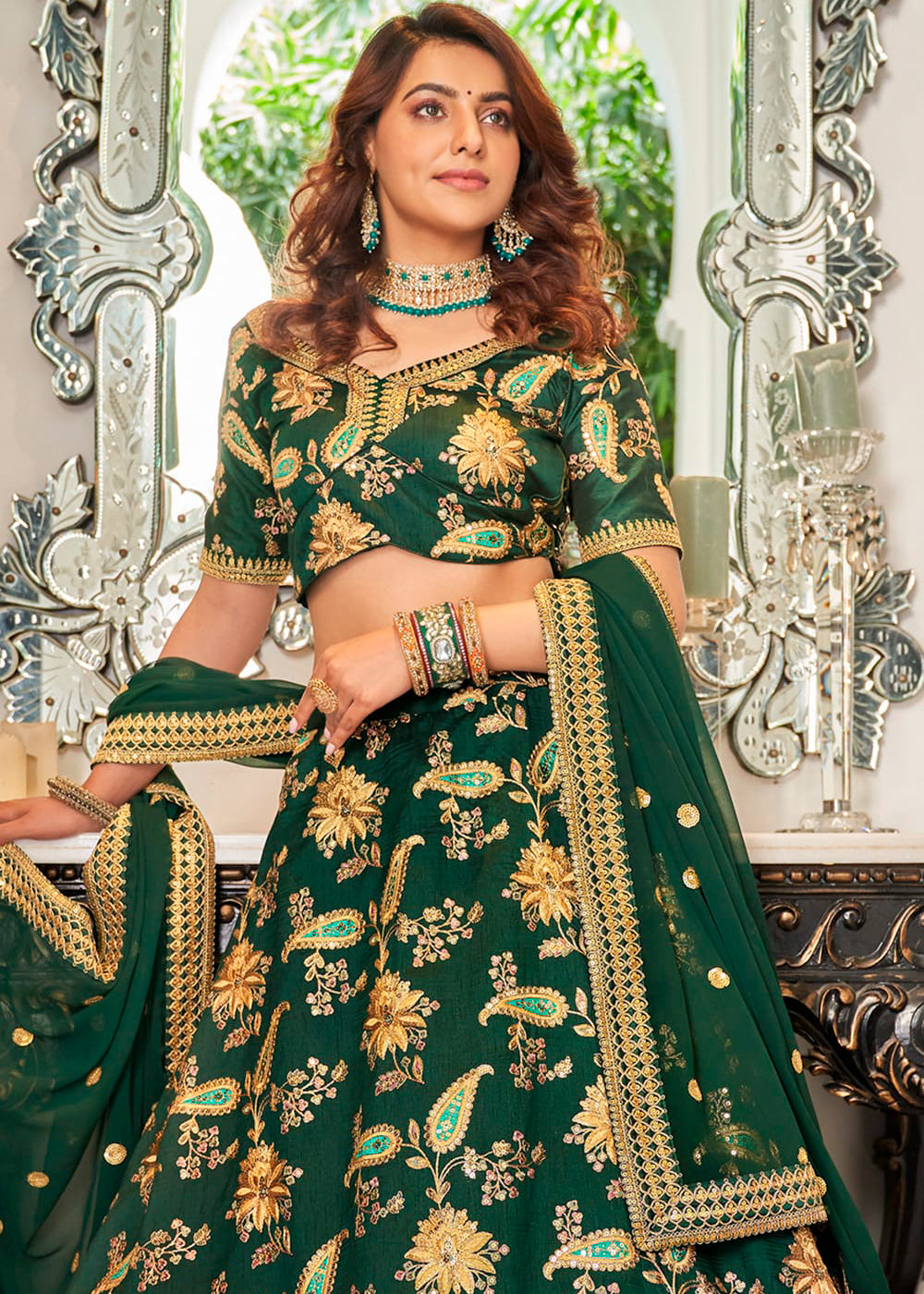 Deep Green Art Silk Lehenga Choli with Thread, Zari,Dori & Sequins work