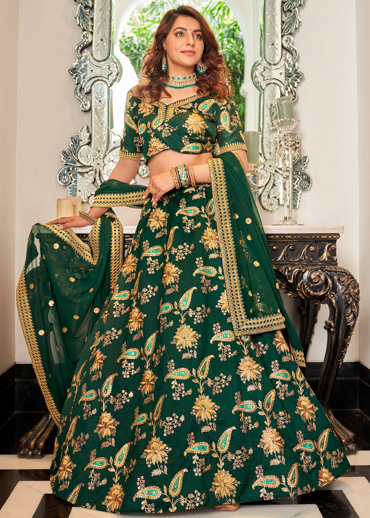 Deep Green Art Silk Lehenga Choli with Thread, Zari,Dori & Sequins work