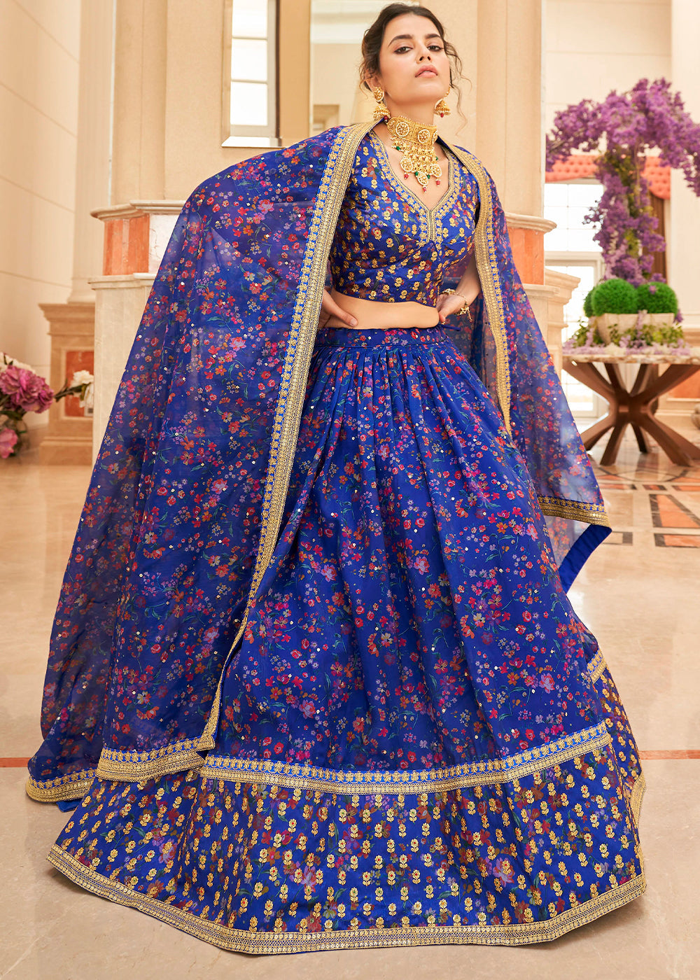 Admiral Blue Organza Lehenga with Thread, Zari,Dori & Sequins work