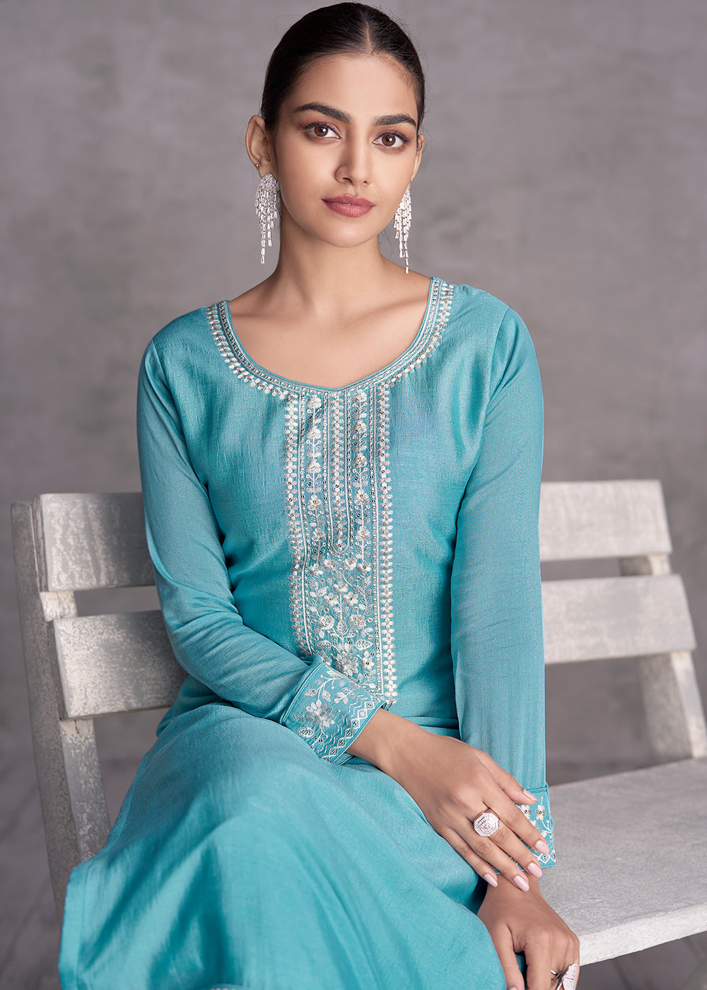 Electric Blue Silk Salwar Suit with Embroidery Work