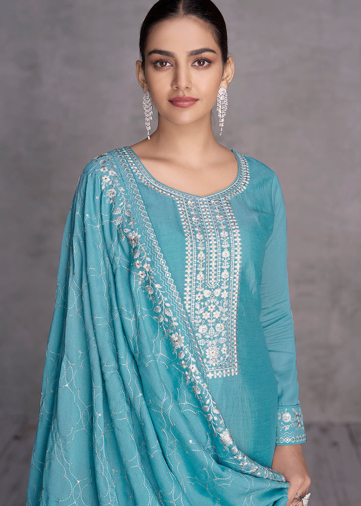 Electric Blue Silk Salwar Suit with Embroidery Work