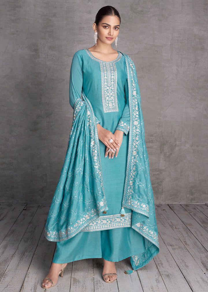 Electric Blue Silk Salwar Suit with Embroidery Work