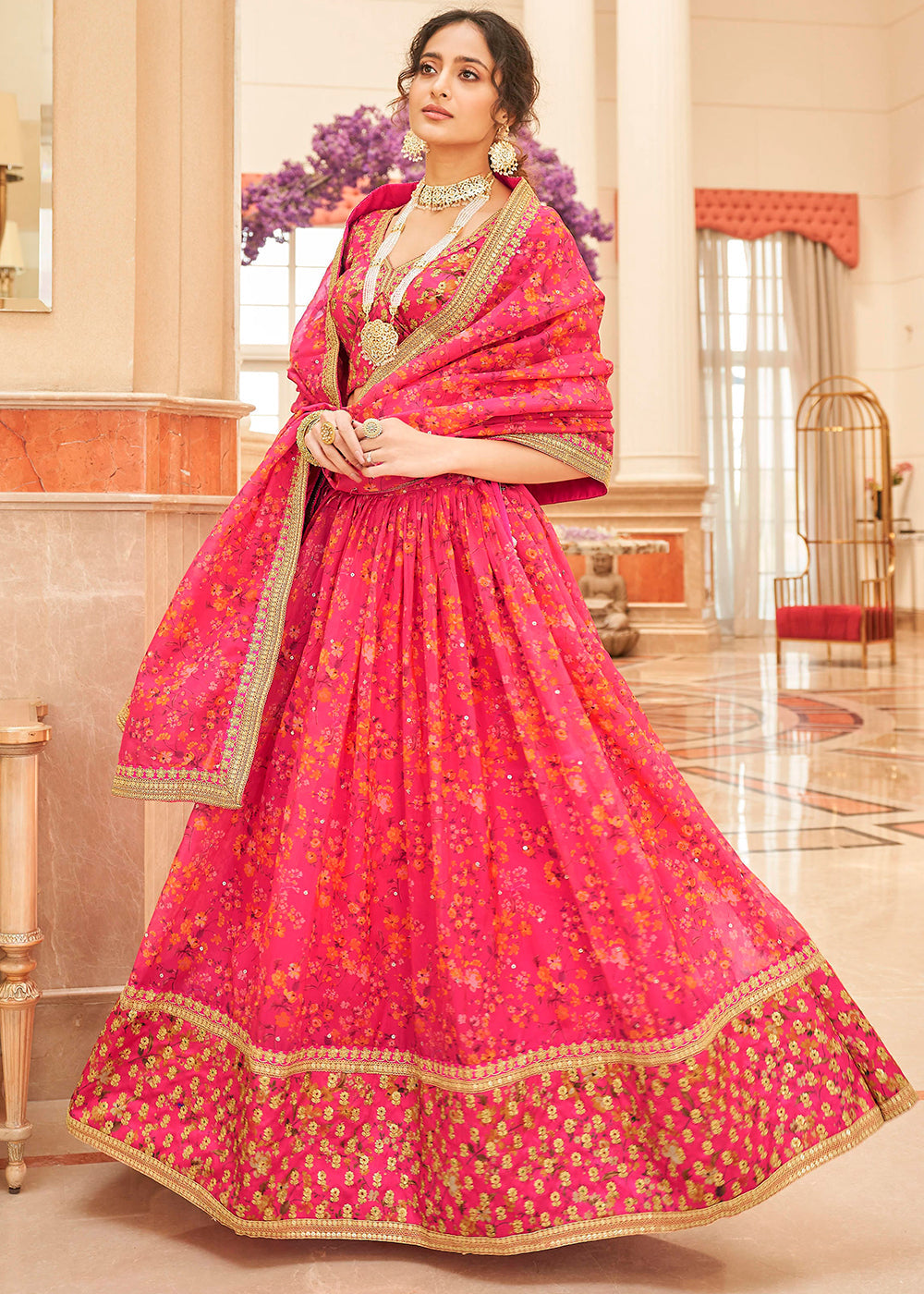 French Pink Organza Lehenga with Thread, Zari,Dori & Sequins work