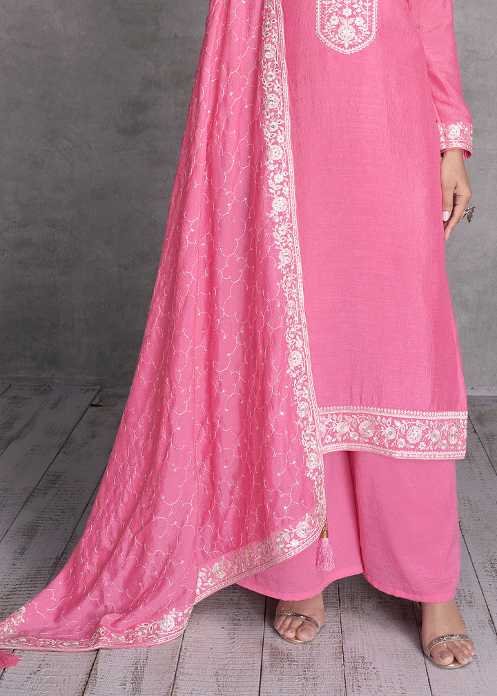 Neon Pink Silk Salwar Suit with Embroidery Work