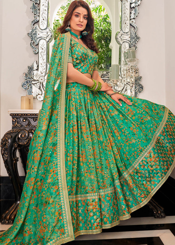 Jade Green Organza Lehenga with Thread, Zari,Dori & Sequins work