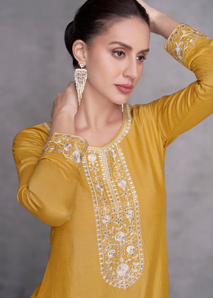 Honey Yellow Silk Salwar Suit with Embroidery Work