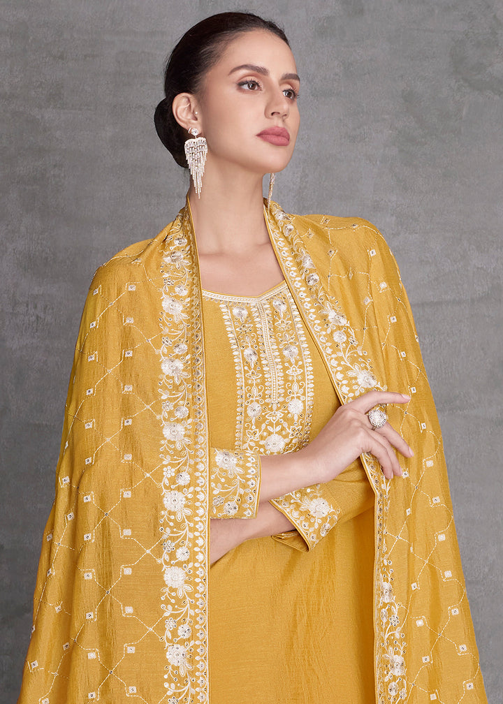 Honey Yellow Silk Salwar Suit with Embroidery Work