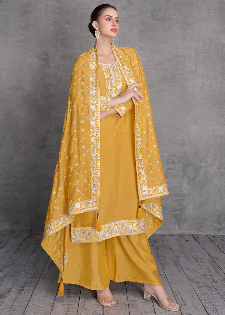 Honey Yellow Silk Salwar Suit with Embroidery Work