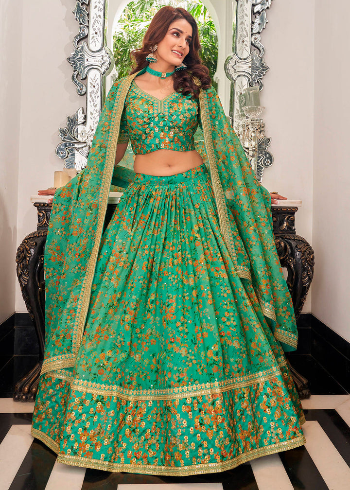 Jade Green Organza Lehenga with Thread, Zari,Dori & Sequins work