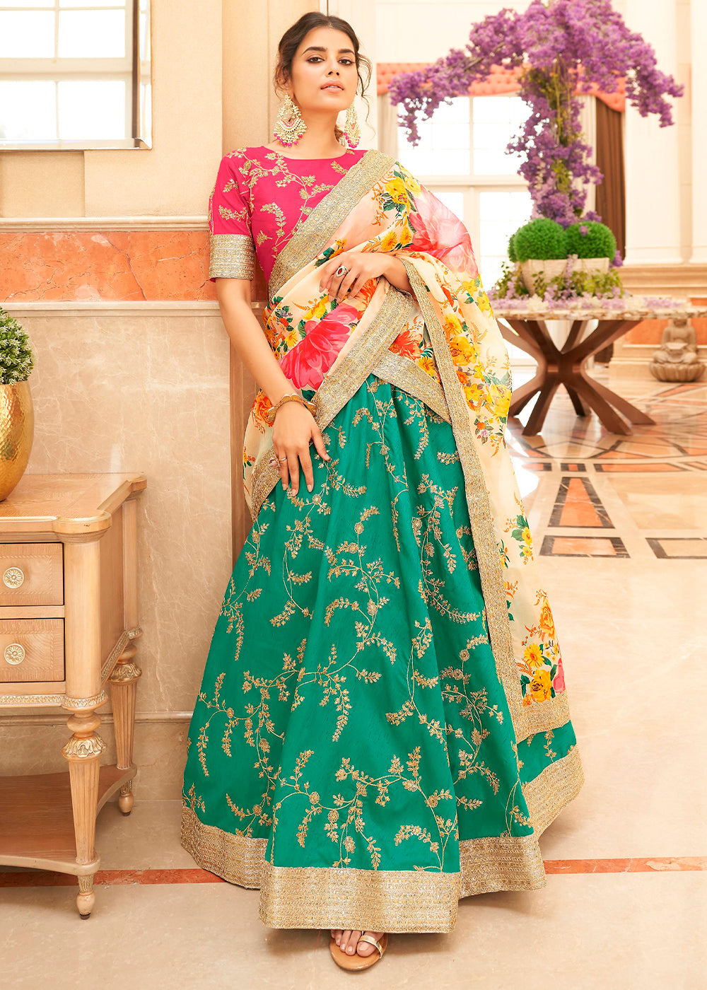 Green & Pink Art Silk Lehenga Choli with Thread, Zari,Dori & Sequins work