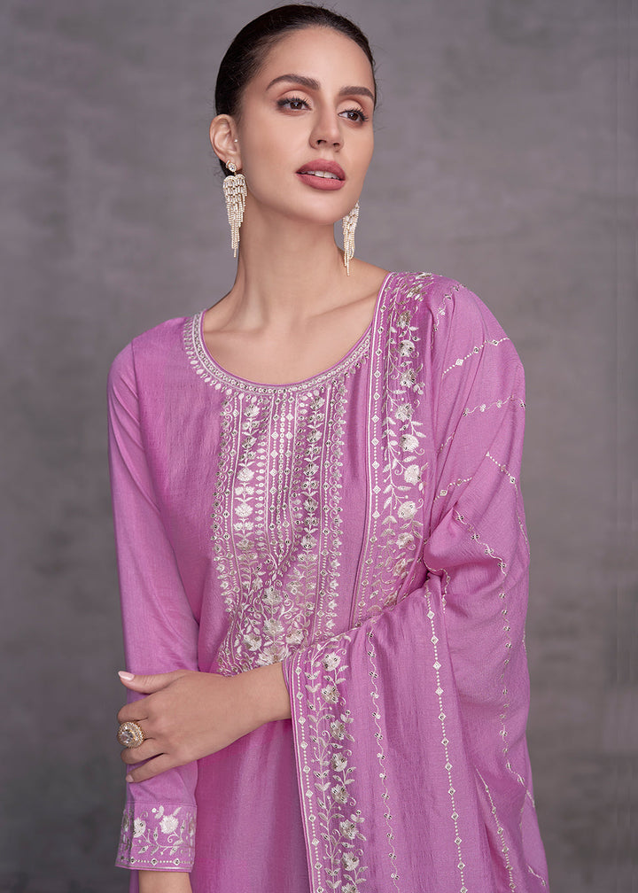 Lilac Purple Silk Salwar Suit with Embroidery Work