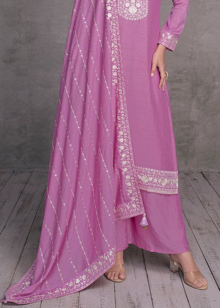 Lilac Purple Silk Salwar Suit with Embroidery Work