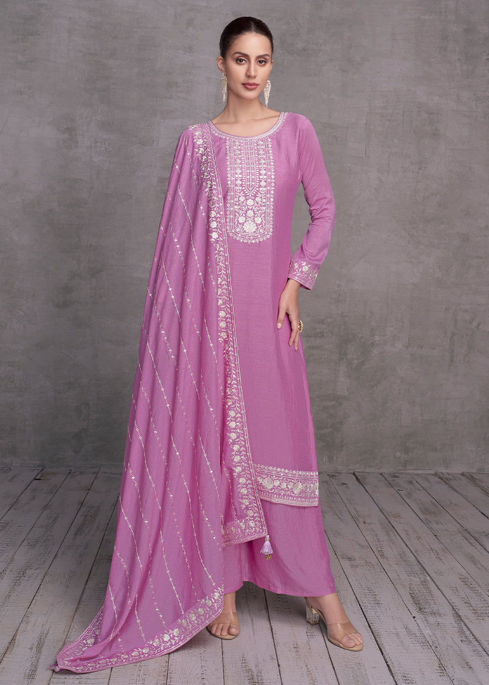 Lilac Purple Silk Salwar Suit with Embroidery Work