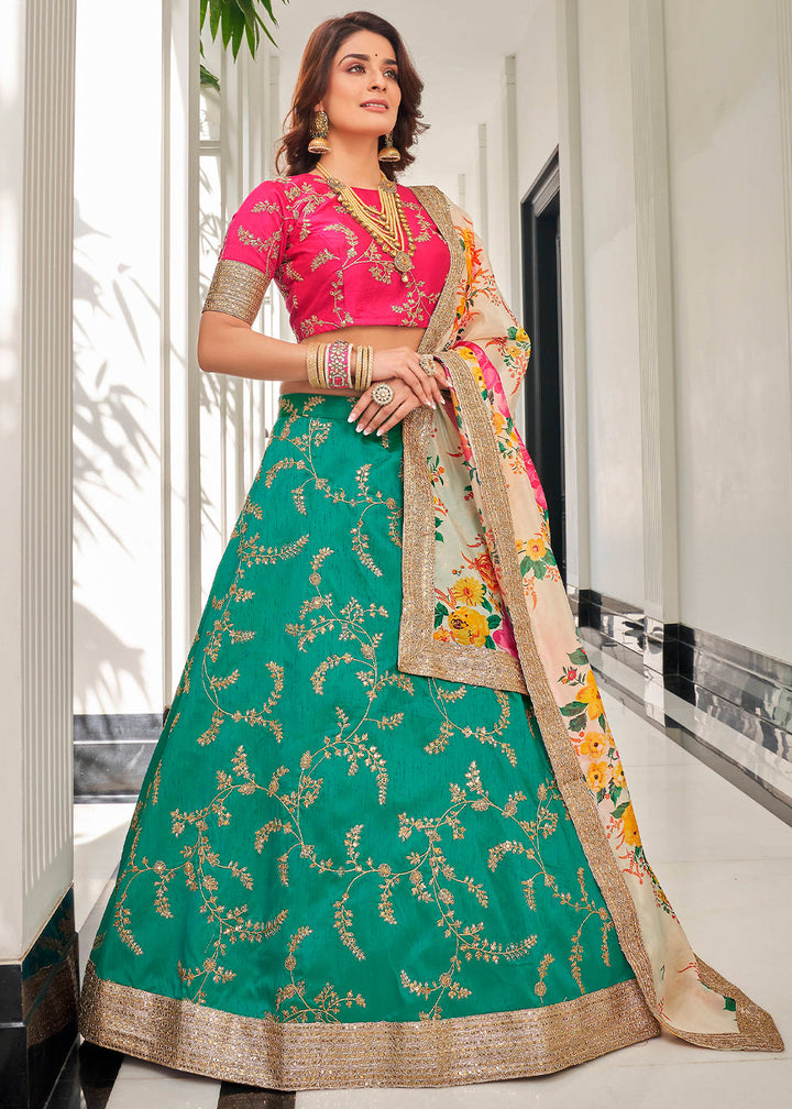 Green & Pink Art Silk Lehenga Choli with Thread, Zari,Dori & Sequins work