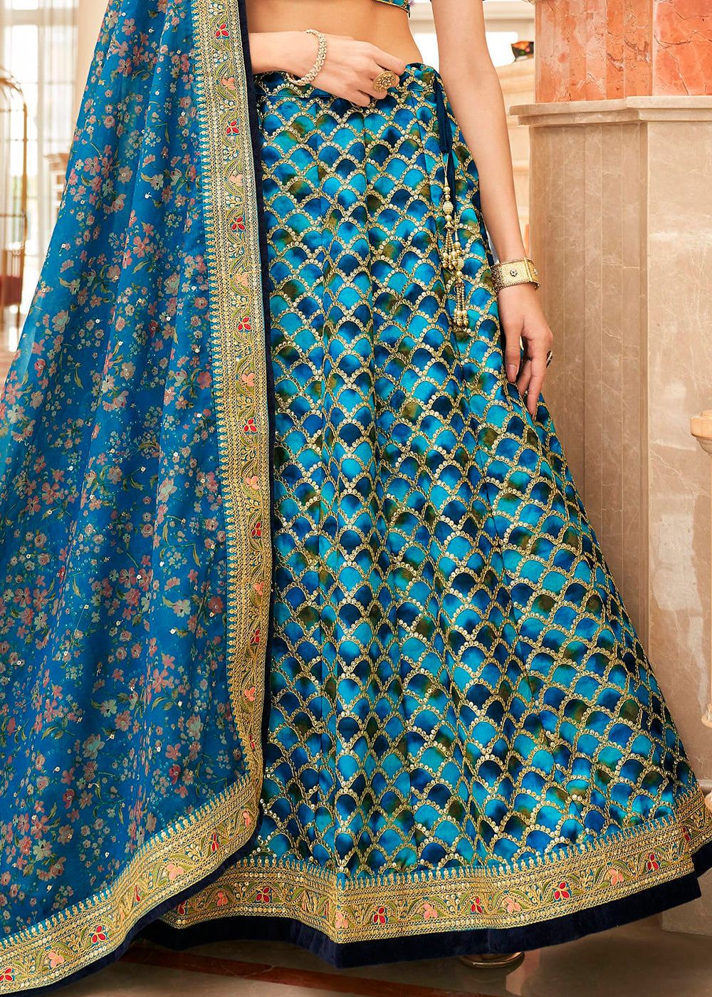 Shades Of Blue Art Silk Lehenga Choli with Thread, Zari,Dori & Sequins work