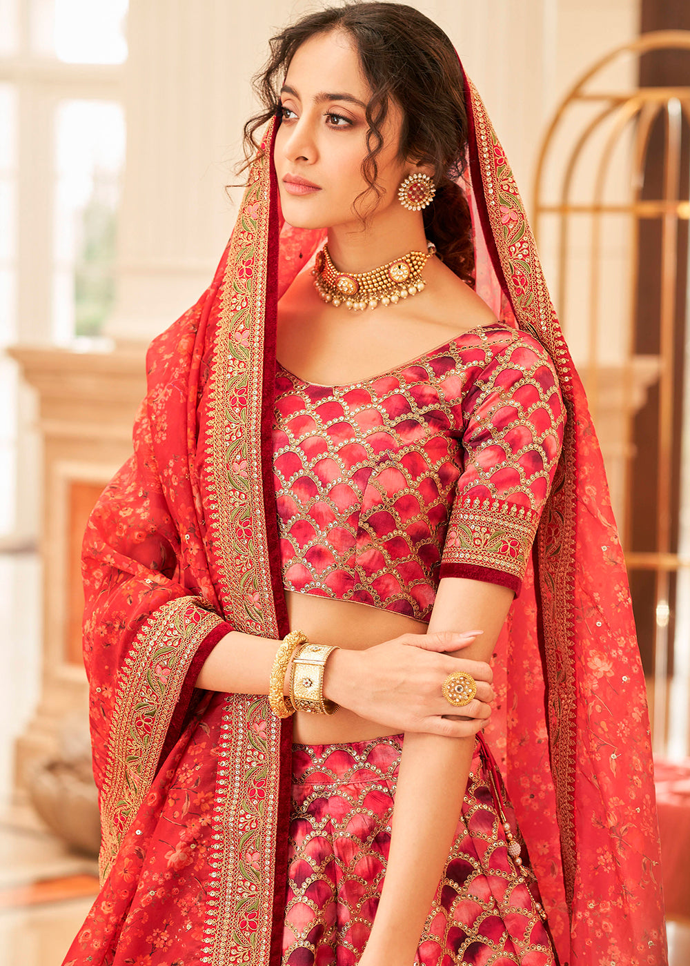 Shades Of Red Art Silk Lehenga Choli with Thread, Zari,Dori & Sequins work