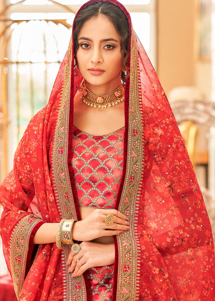 Shades Of Red Art Silk Lehenga Choli with Thread, Zari,Dori & Sequins work