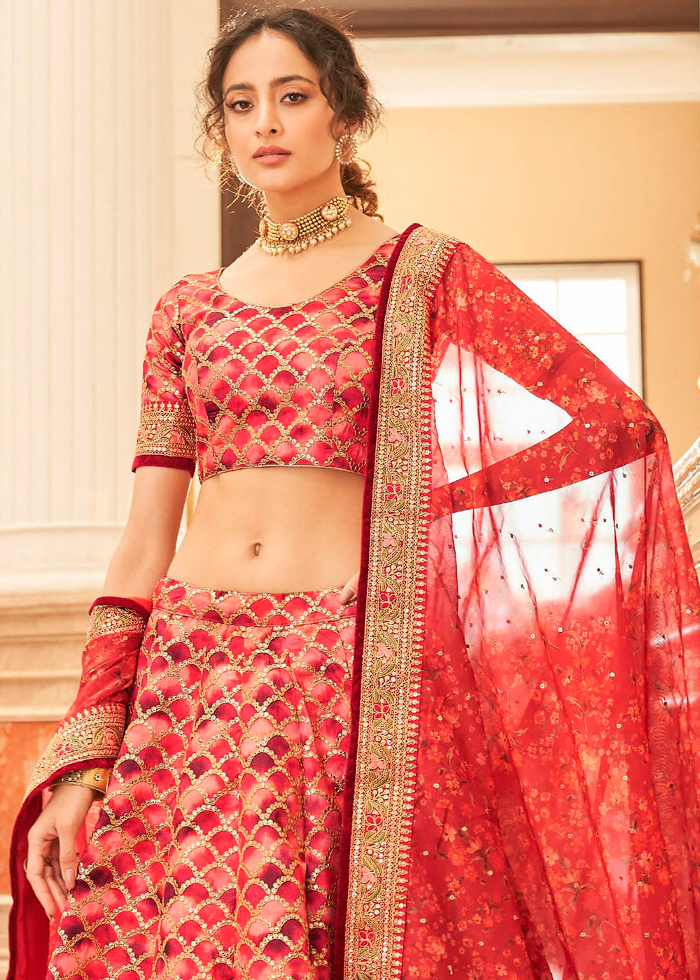 Shades Of Red Art Silk Lehenga Choli with Thread, Zari,Dori & Sequins work