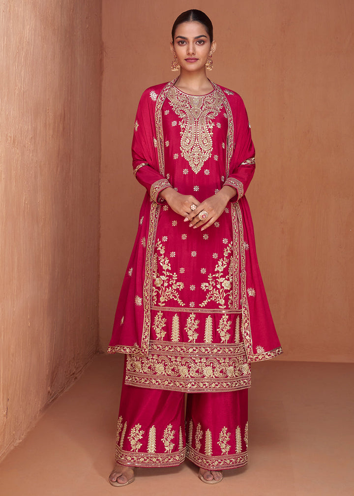 Cerise Pink Floral Embroidered Chinon Silk Plazzo Suit