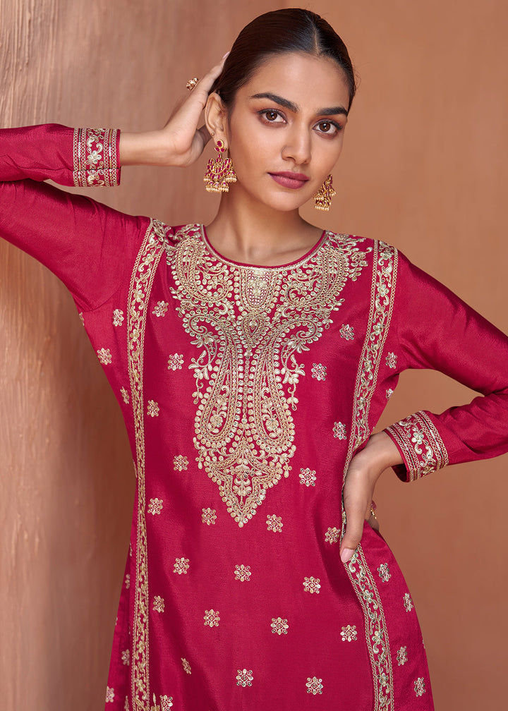 Cerise Pink Floral Embroidered Chinon Silk Plazzo Suit