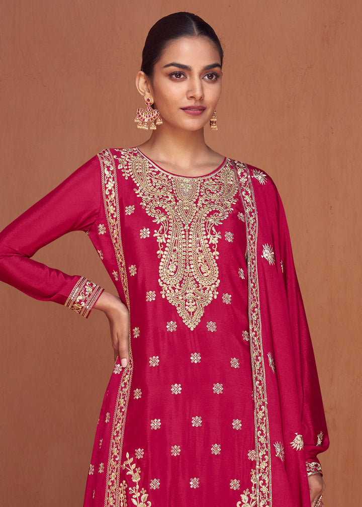 Cerise Pink Floral Embroidered Chinon Silk Plazzo Suit