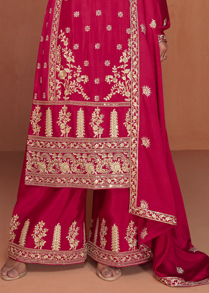 Cerise Pink Floral Embroidered Chinon Silk Plazzo Suit