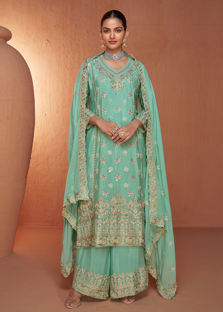 Bermuda Teal Green Floral Embroidered Chinon Silk Plazzo Suit