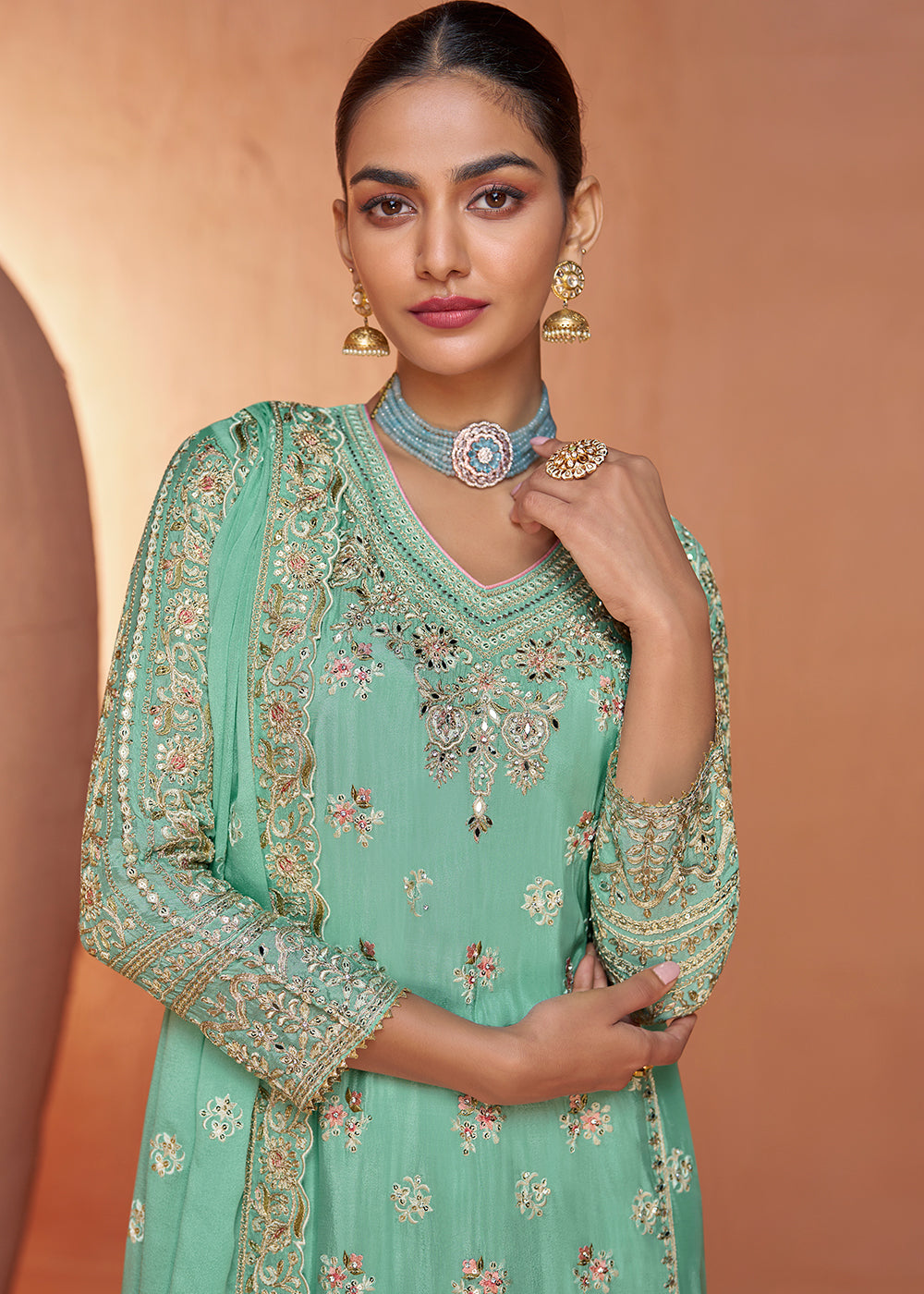 Bermuda Teal Green Floral Embroidered Chinon Silk Plazzo Suit