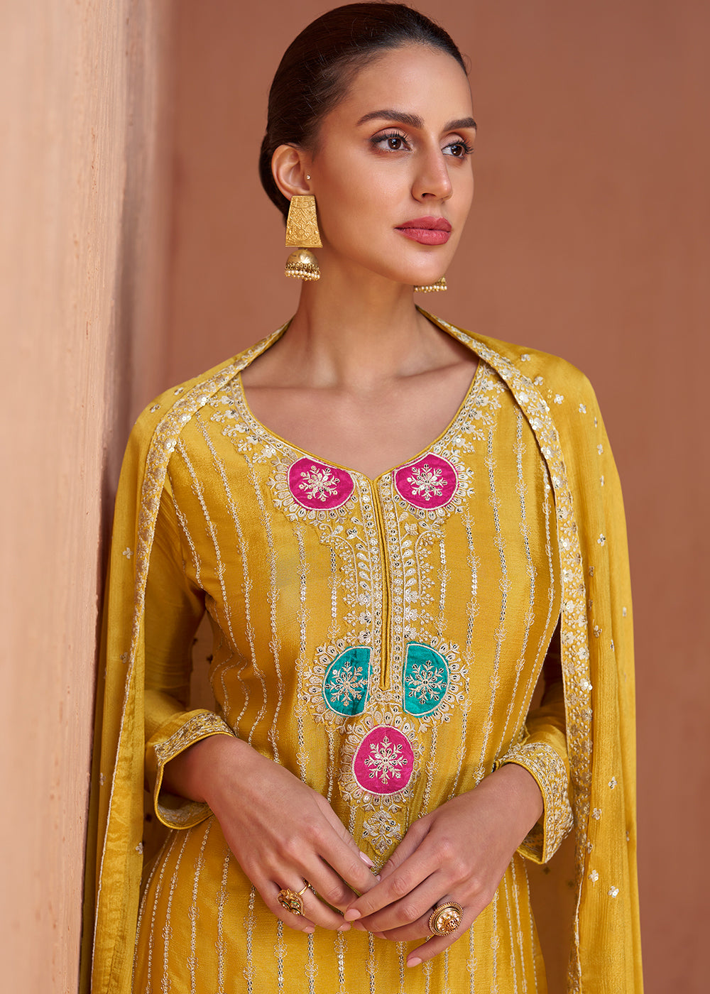 Mustard Yellow Floral Embroidered Chinon Silk Plazzo Suit