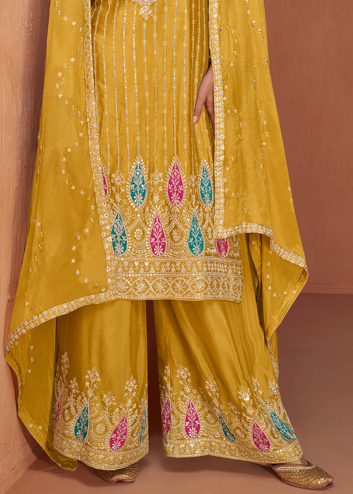 Mustard Yellow Floral Embroidered Chinon Silk Plazzo Suit