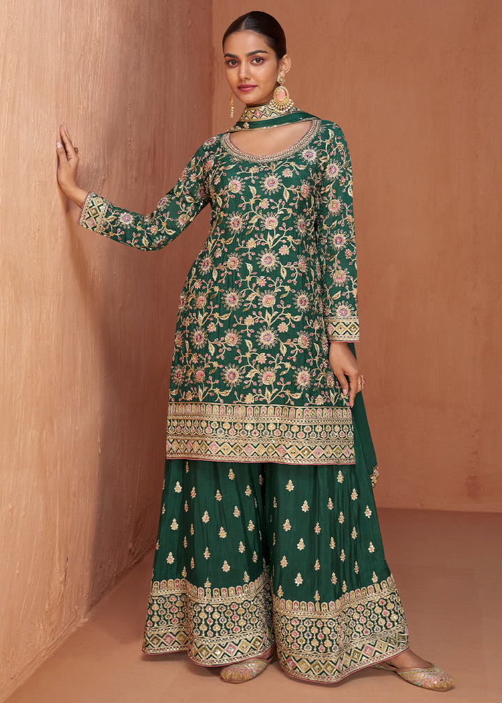 Dark Green Floral Embroidered Chinon Silk Plazzo Suit