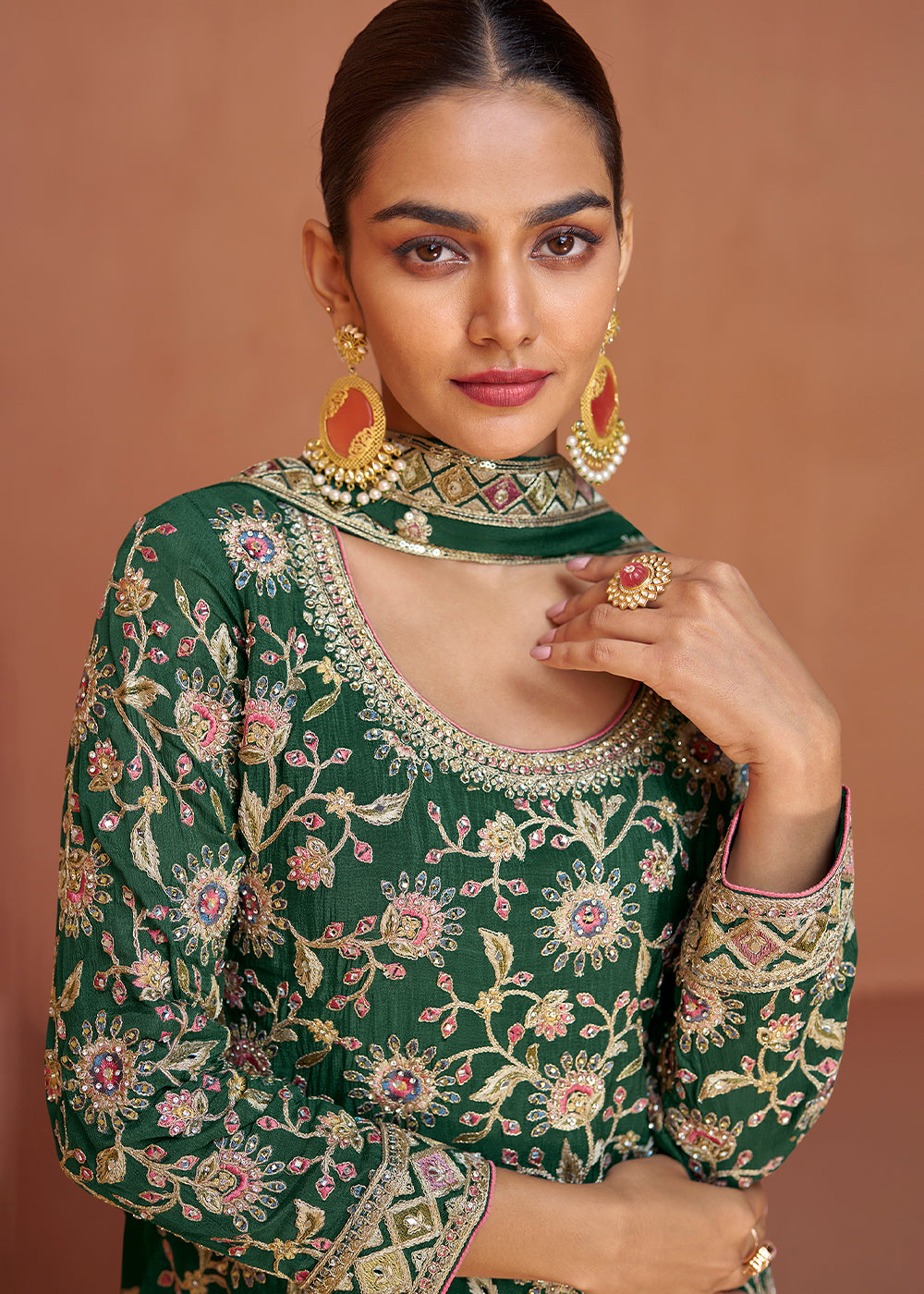 Dark Green Floral Embroidered Chinon Silk Plazzo Suit