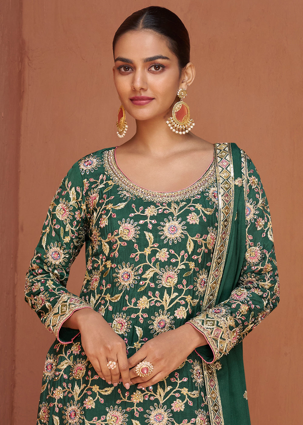 Dark Green Floral Embroidered Chinon Silk Plazzo Suit